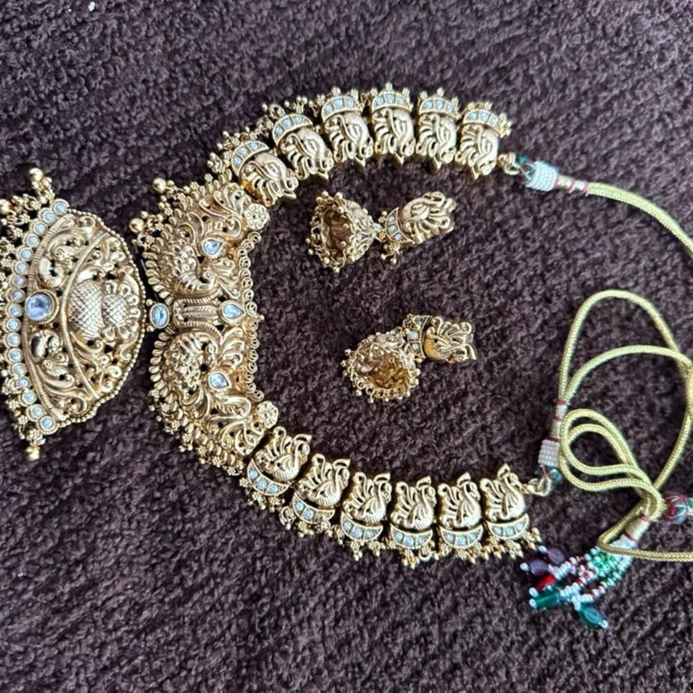 Gold plated Indian  Swan Temple Jewelry necklace set for party